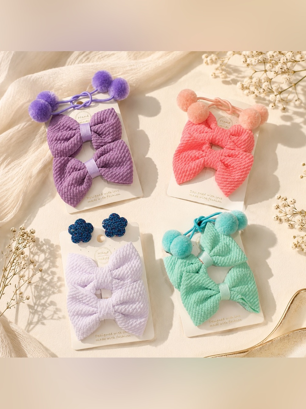 Kids Pom Bow Hair Clip & Elastic Set - Purple